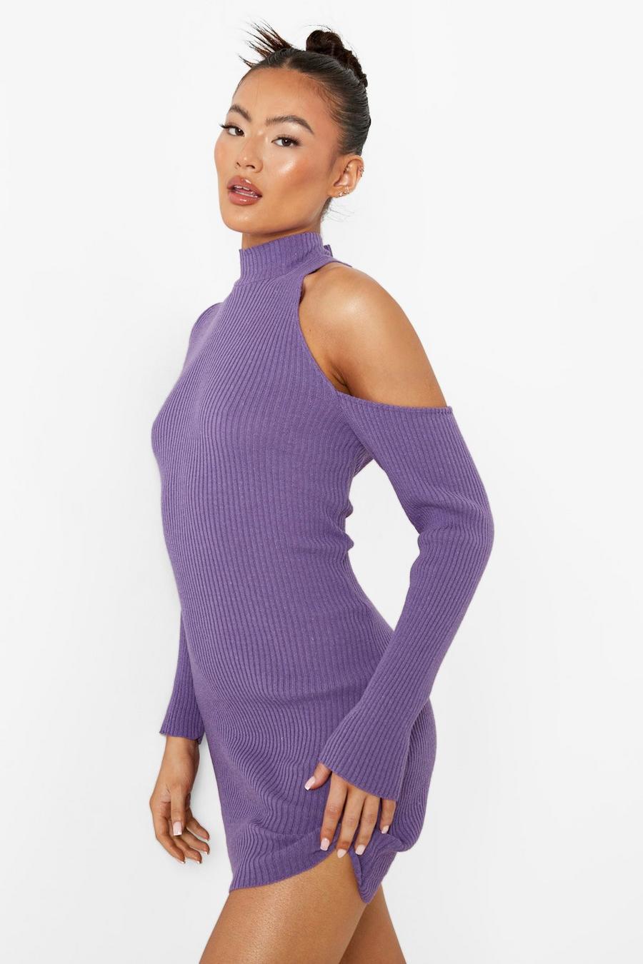Purple Rib Knit Cold Shoulder Asym Dress image number 1