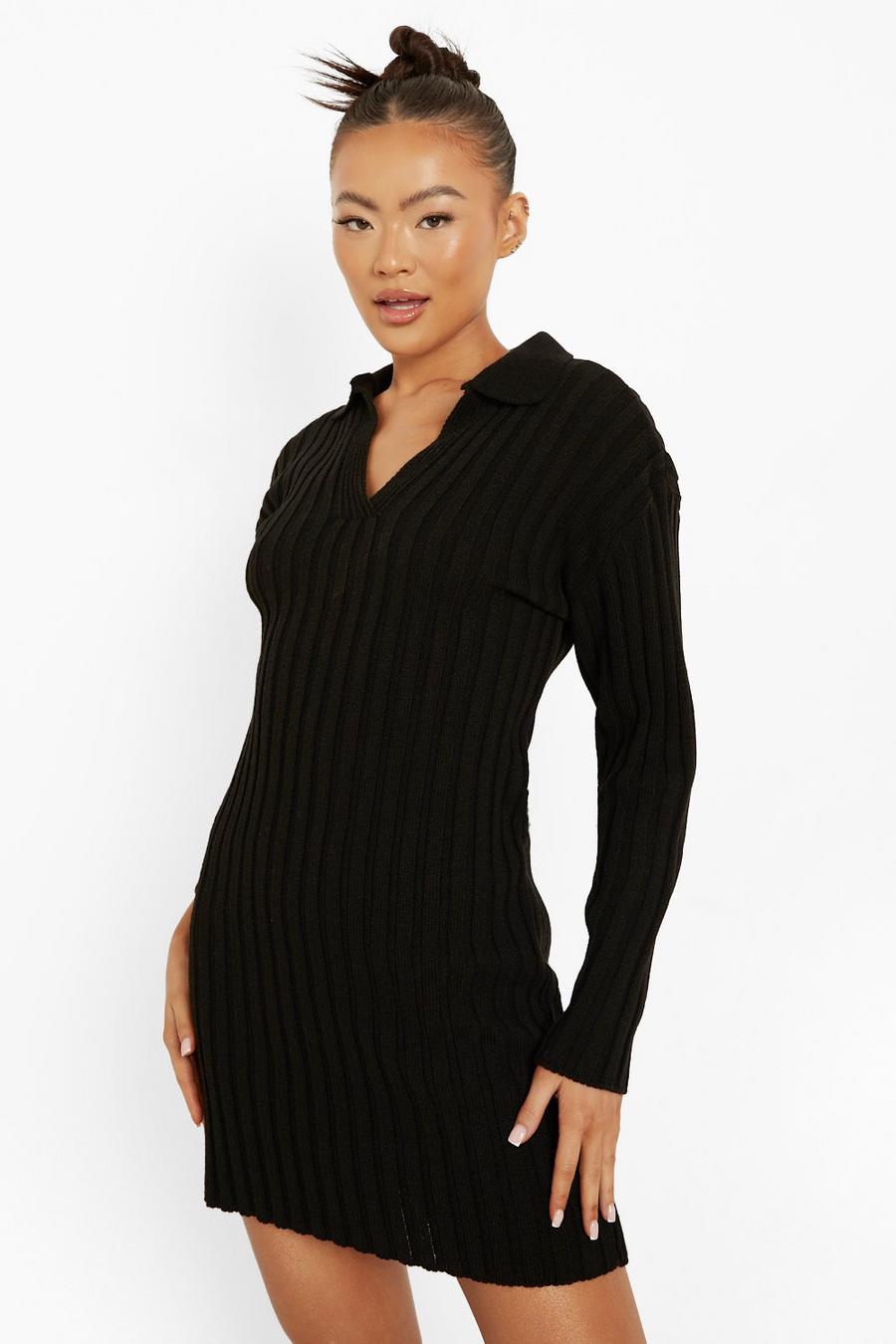Black Rib Knit Polo Collar Long Sleeve Dress image number 1