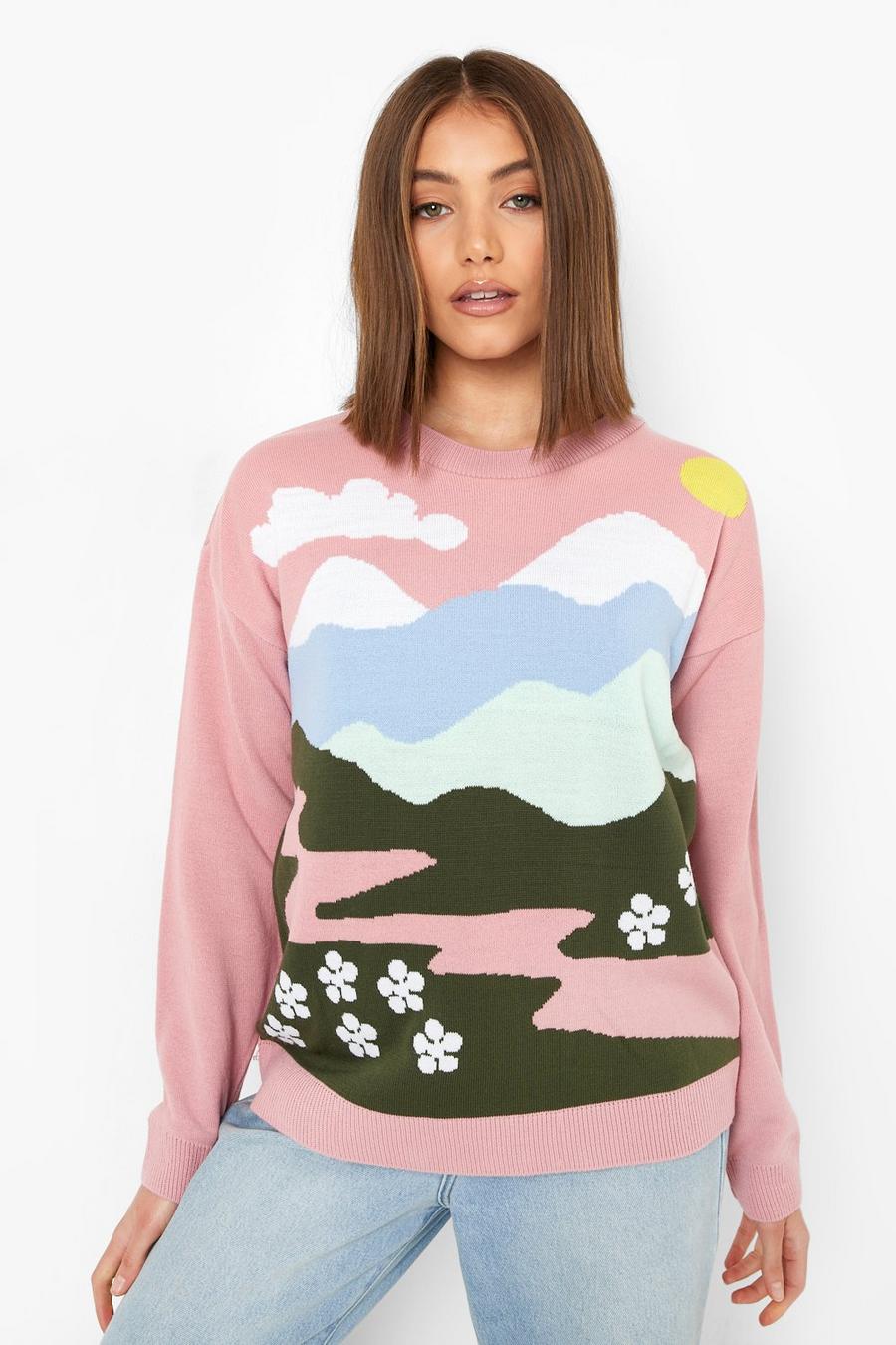 Maglione corto con stampa di paesaggio, Pink image number 1