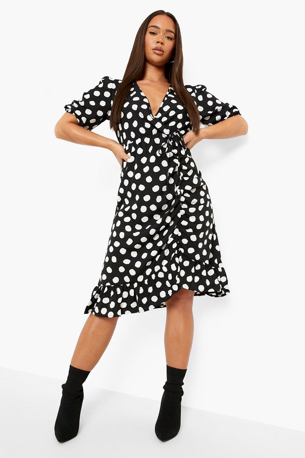 Spot Print Ruched Wrap Midi Dress