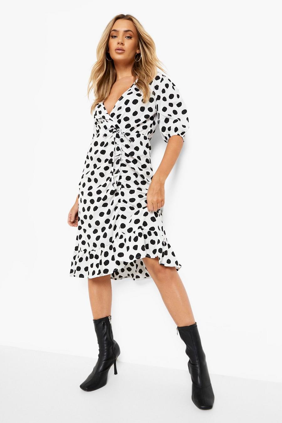 White Spot Print Ruched Wrap Midi Dress image number 1