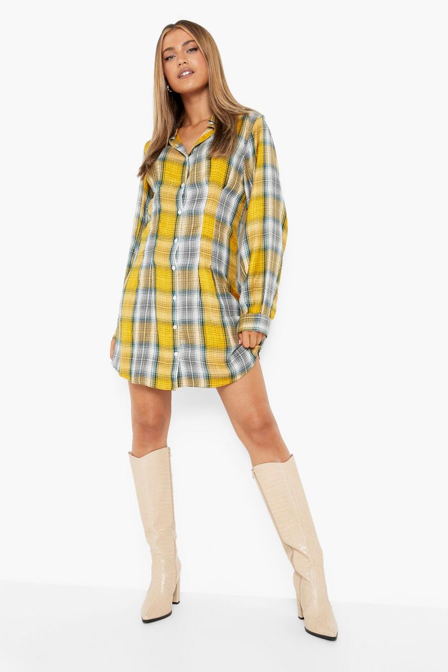 Yellow Pleated Waist Flannel Shirt Dress image number 1