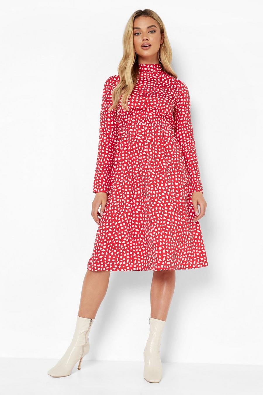 Red Dalmatian Print High Neck Midi Dress