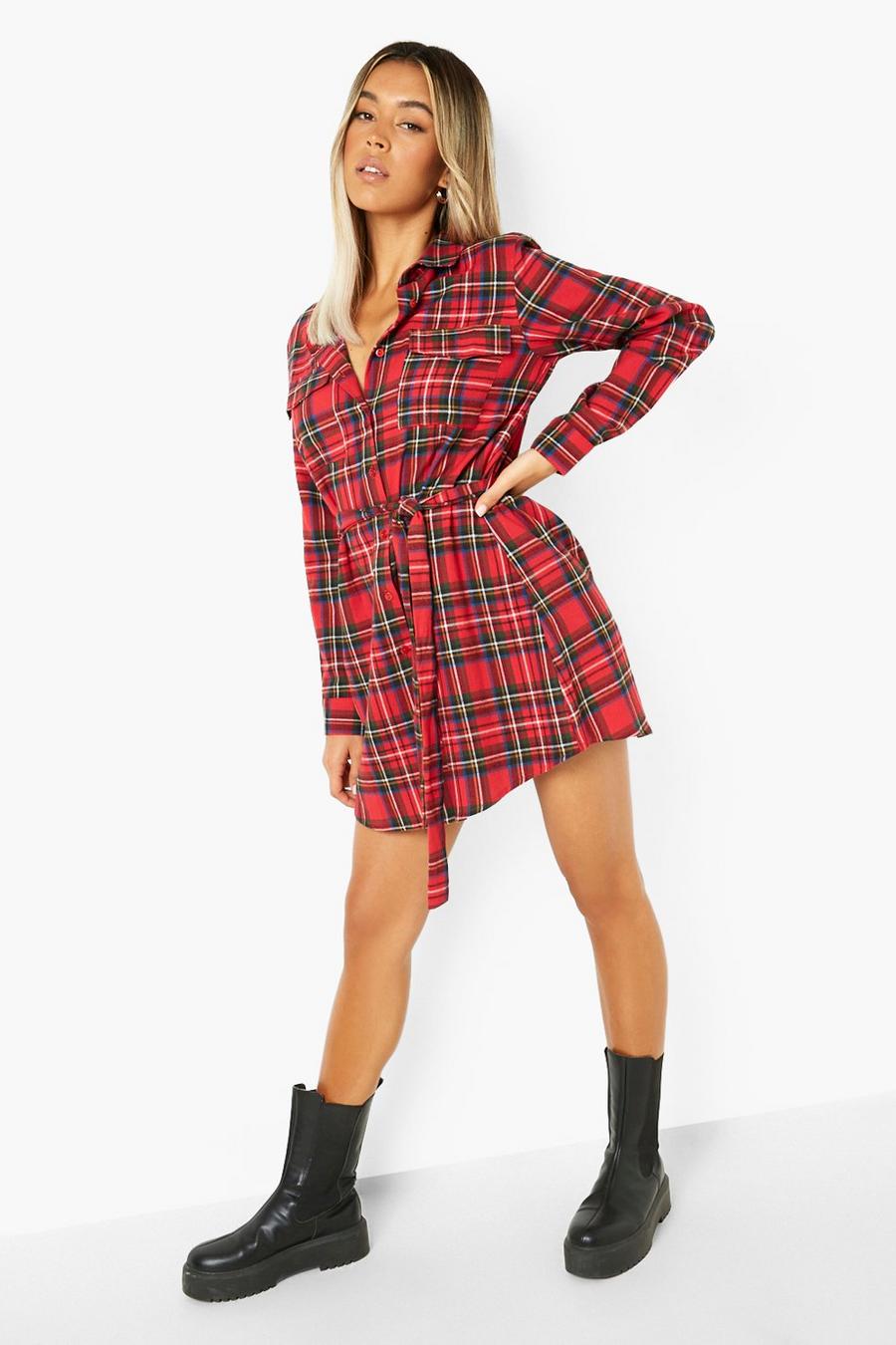 Red Belted Long Sleeve Check Shirt Dress image number 1