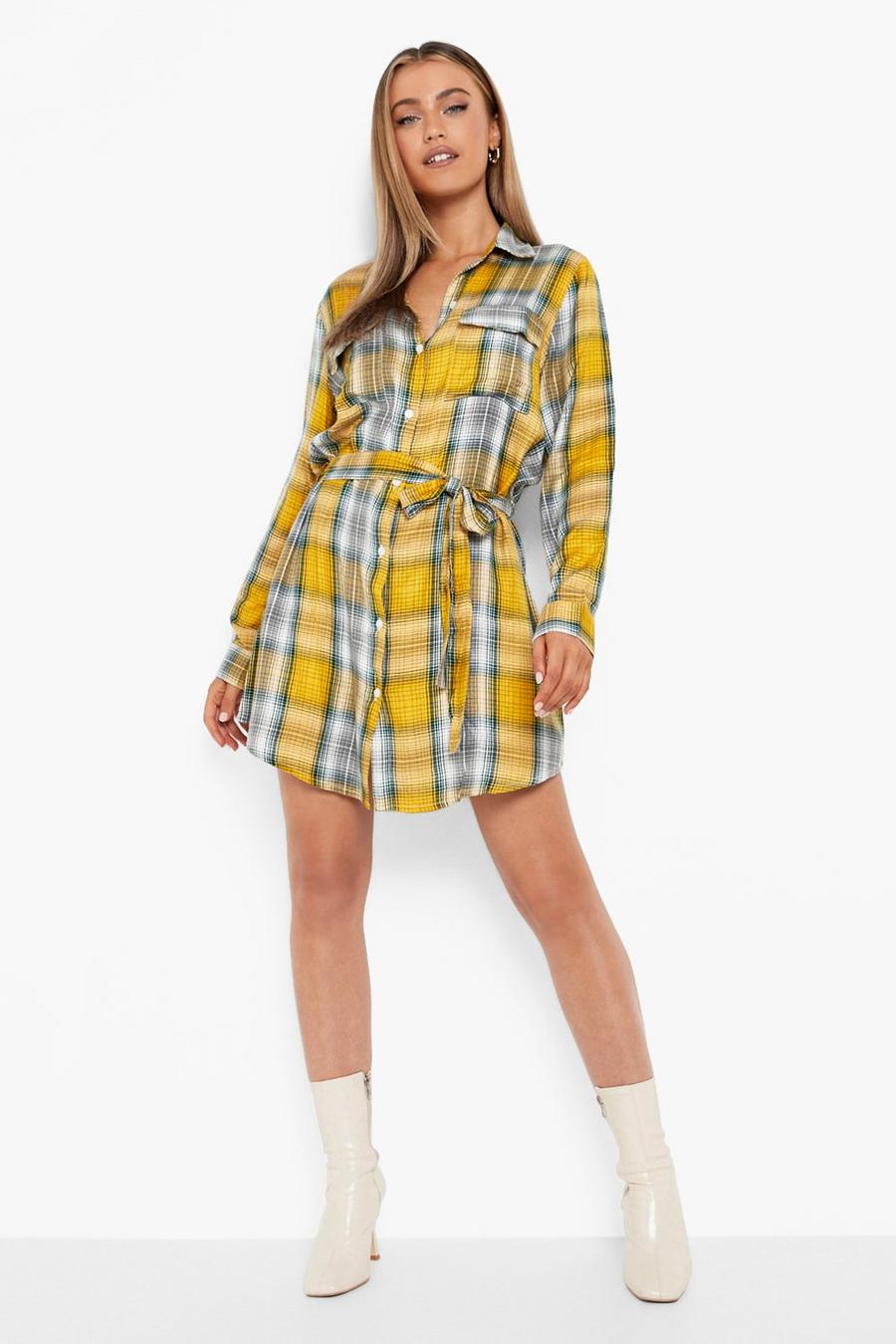 Yellow Check Belted Midi Shirt Dress image number 1