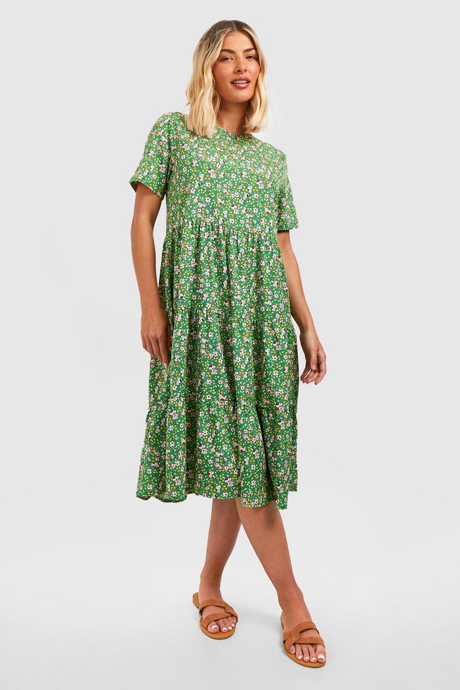 Green grön Floral Print Smock Midi Dress