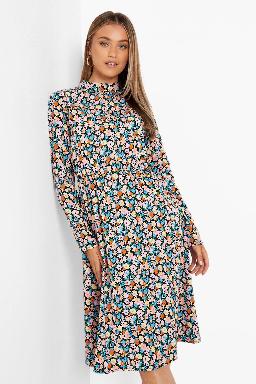 high neck floral midi dress