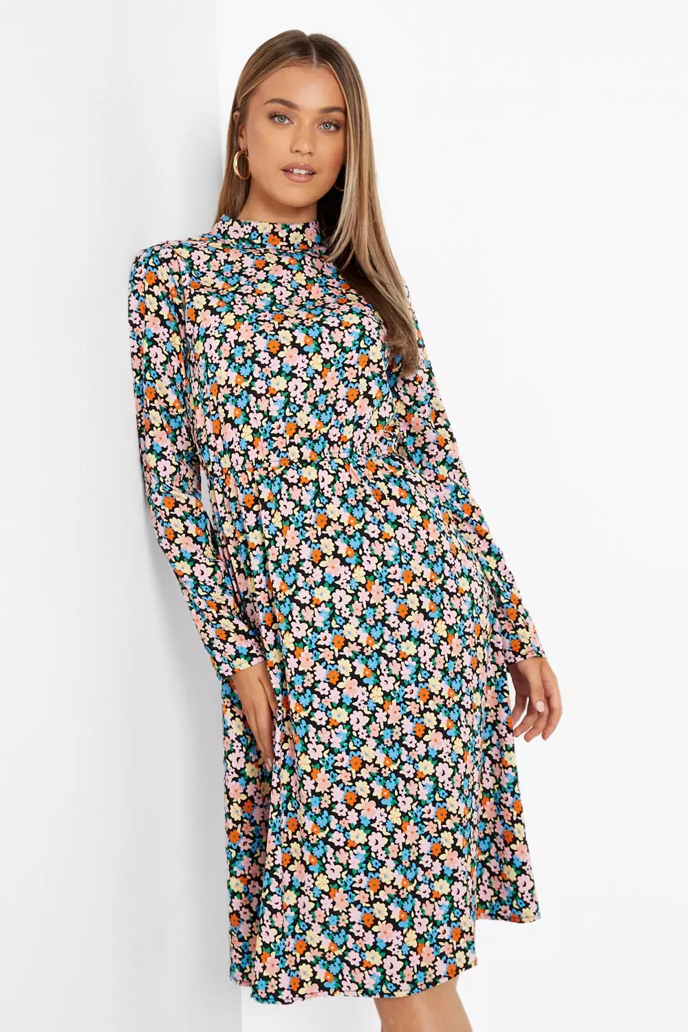 High neck 2025 floral midi dress