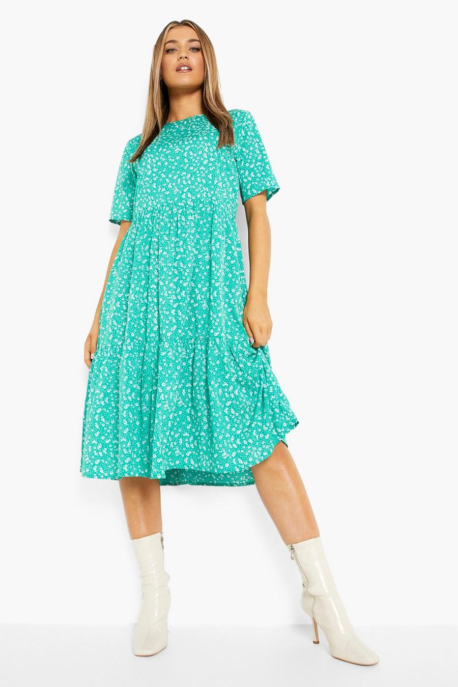 Green Ditsy Floral Tiered Midi Smock Dress image number 1