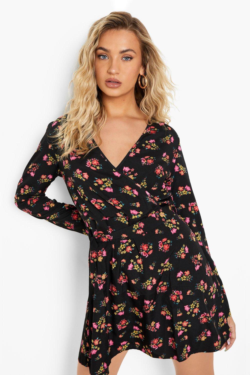 boohoo floral wrap tea dress