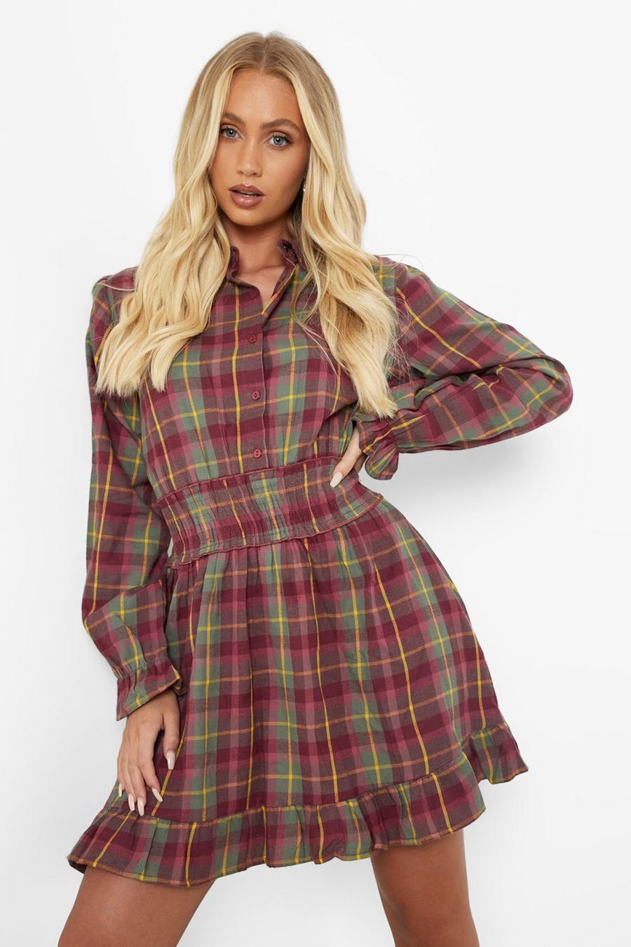 Pink Button Up Shirred Waist Check Frill Dress image number 1