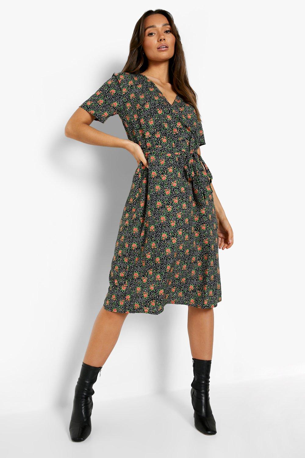 Floral Print Belted Midi Wrap Tea Dress ...