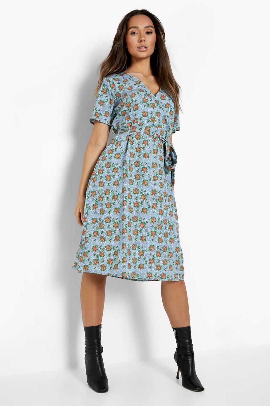 Blue Floral Print Belted Midi Wrap Tea Dress image number 1