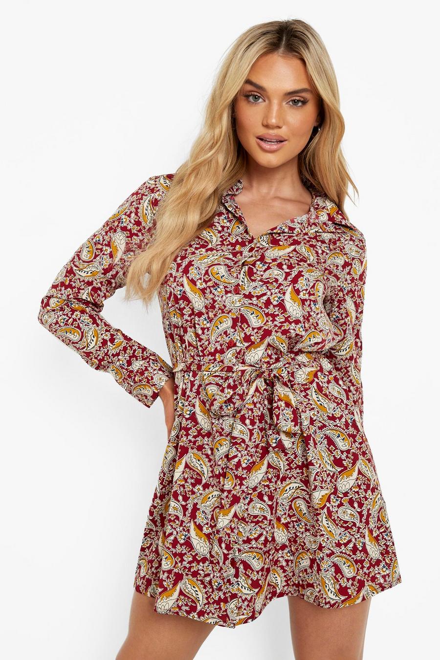 Red Paisley Print Belted Shirt Dress image number 1