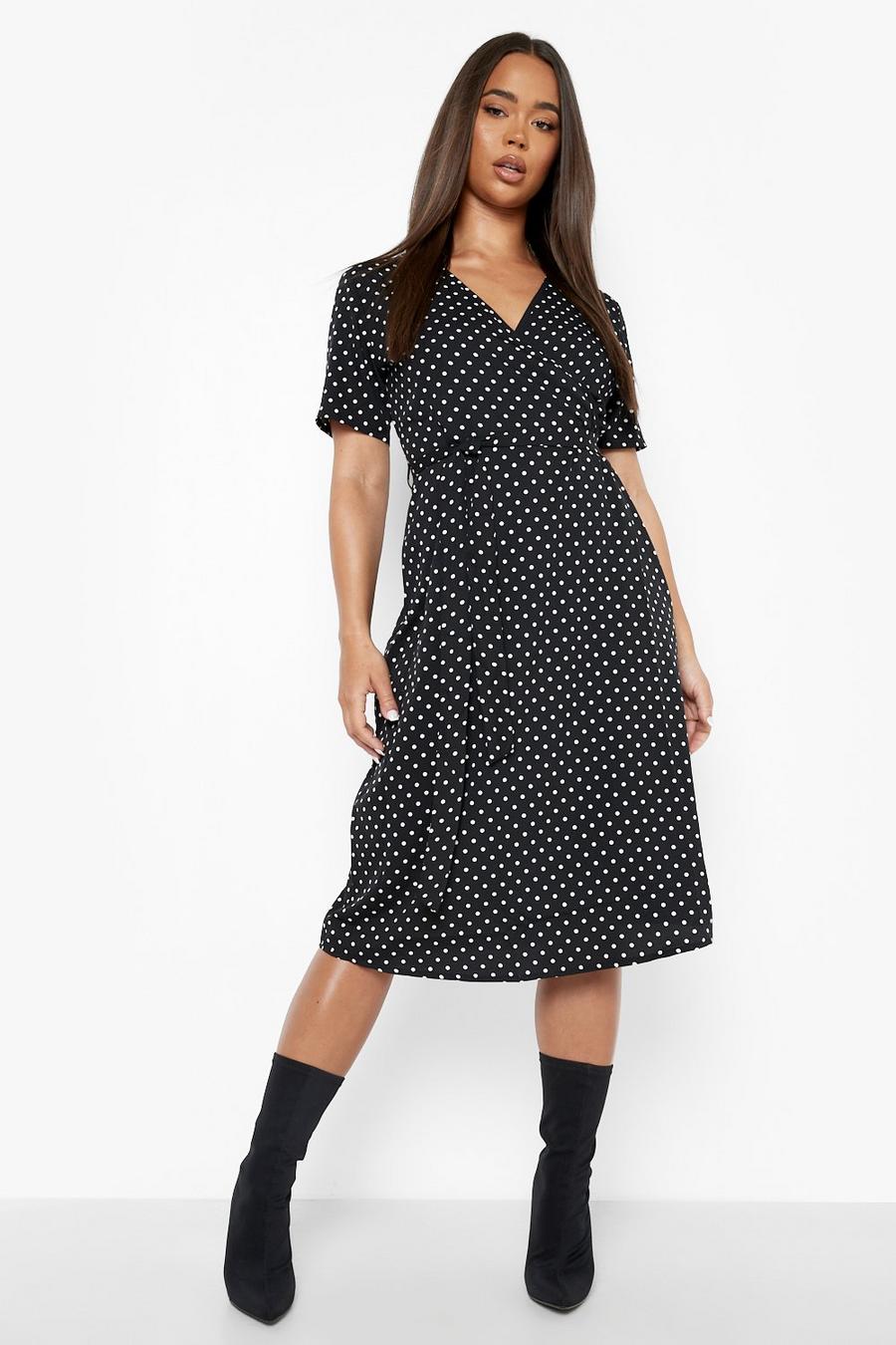 Black Polka Dot Belted Midi Wrap Tea Dress image number 1