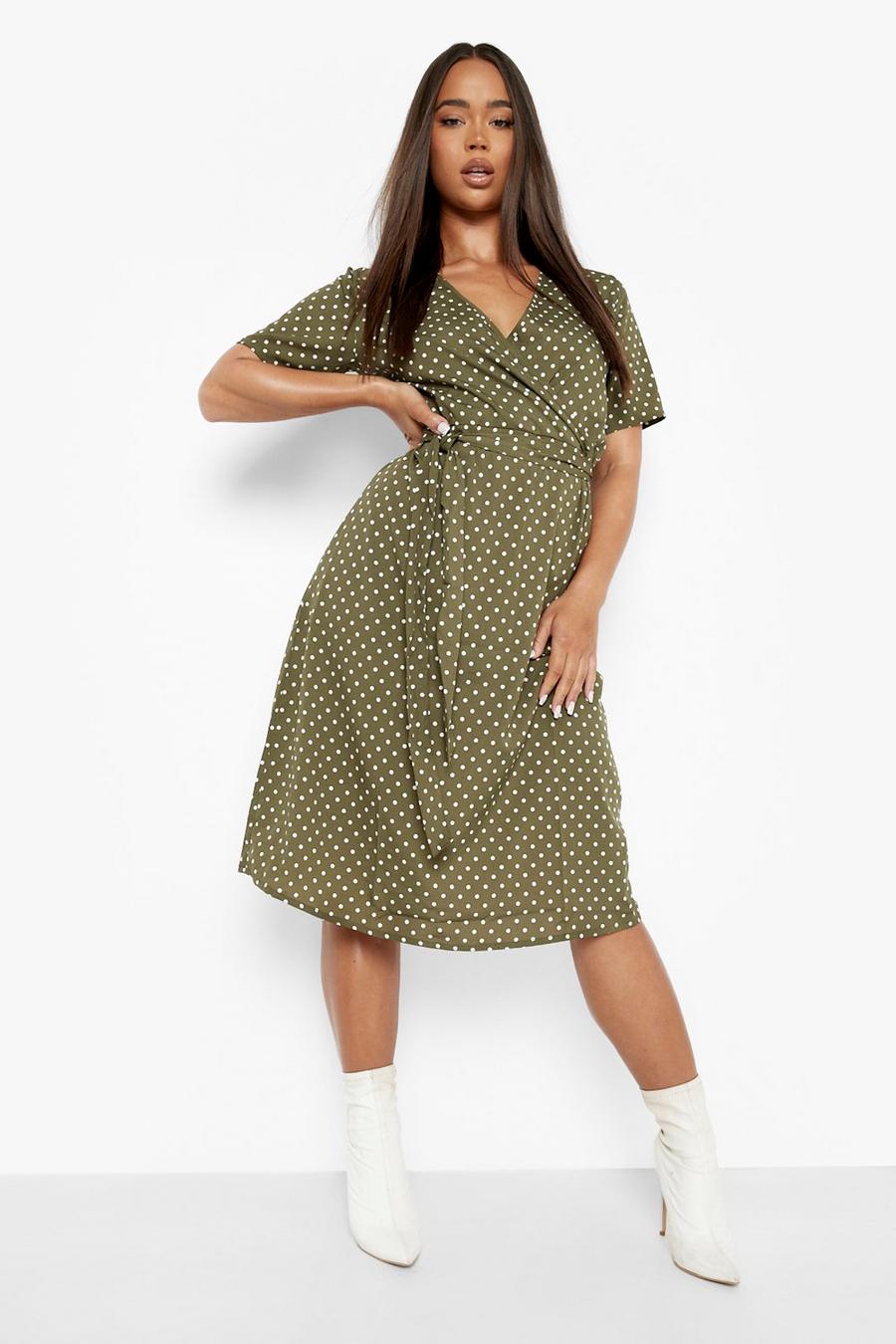 Khaki Polka Dot Belted Midi Wrap Tea Dress image number 1