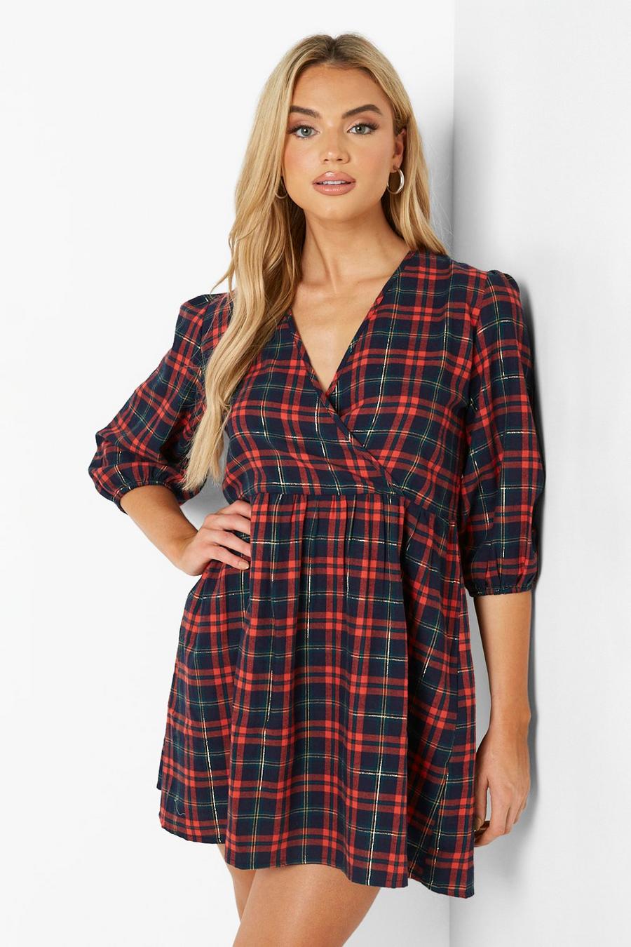 Blue Check Wrap Puff Sleeve Smock Dress image number 1