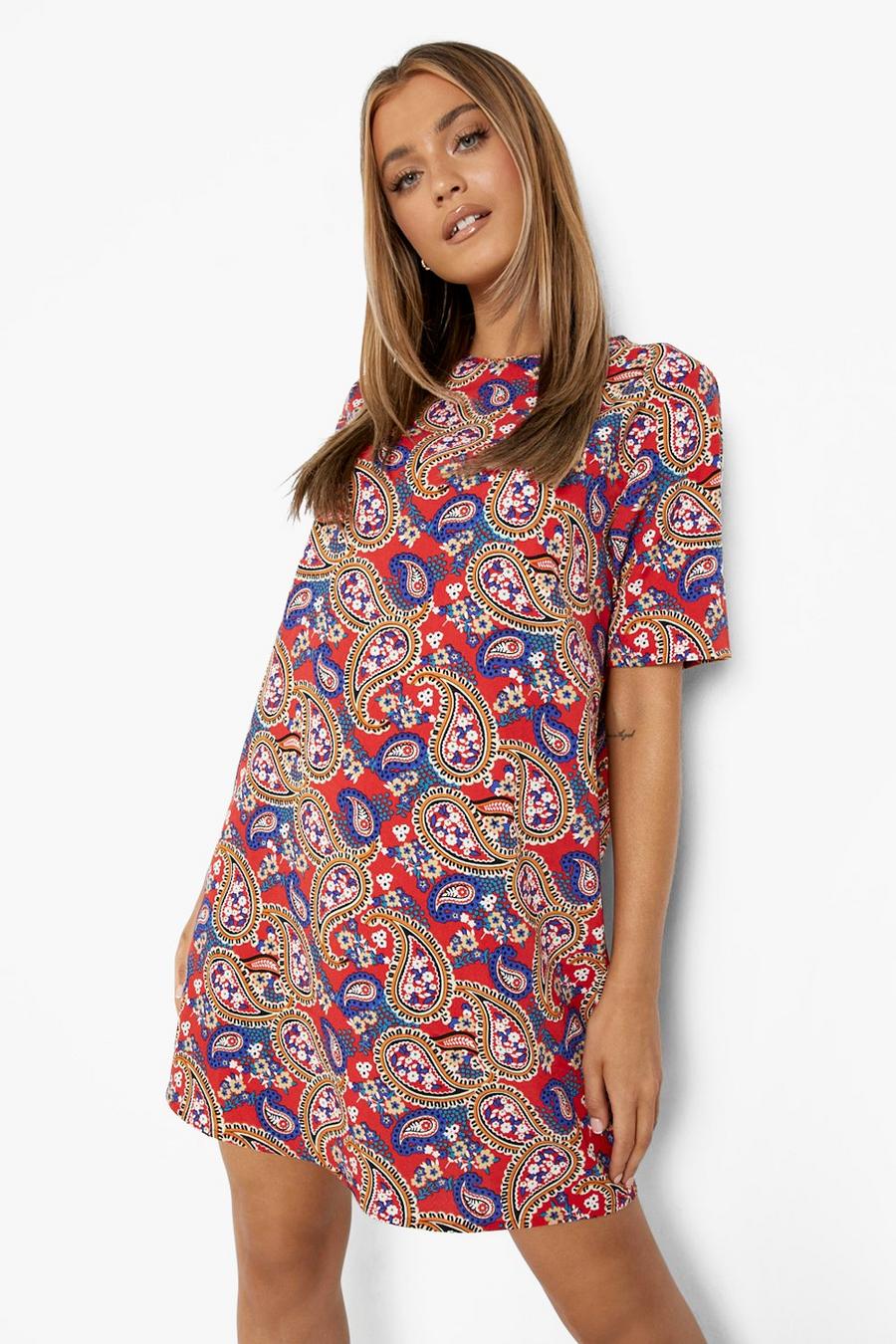 Red Paisley Print Shift Dress image number 1