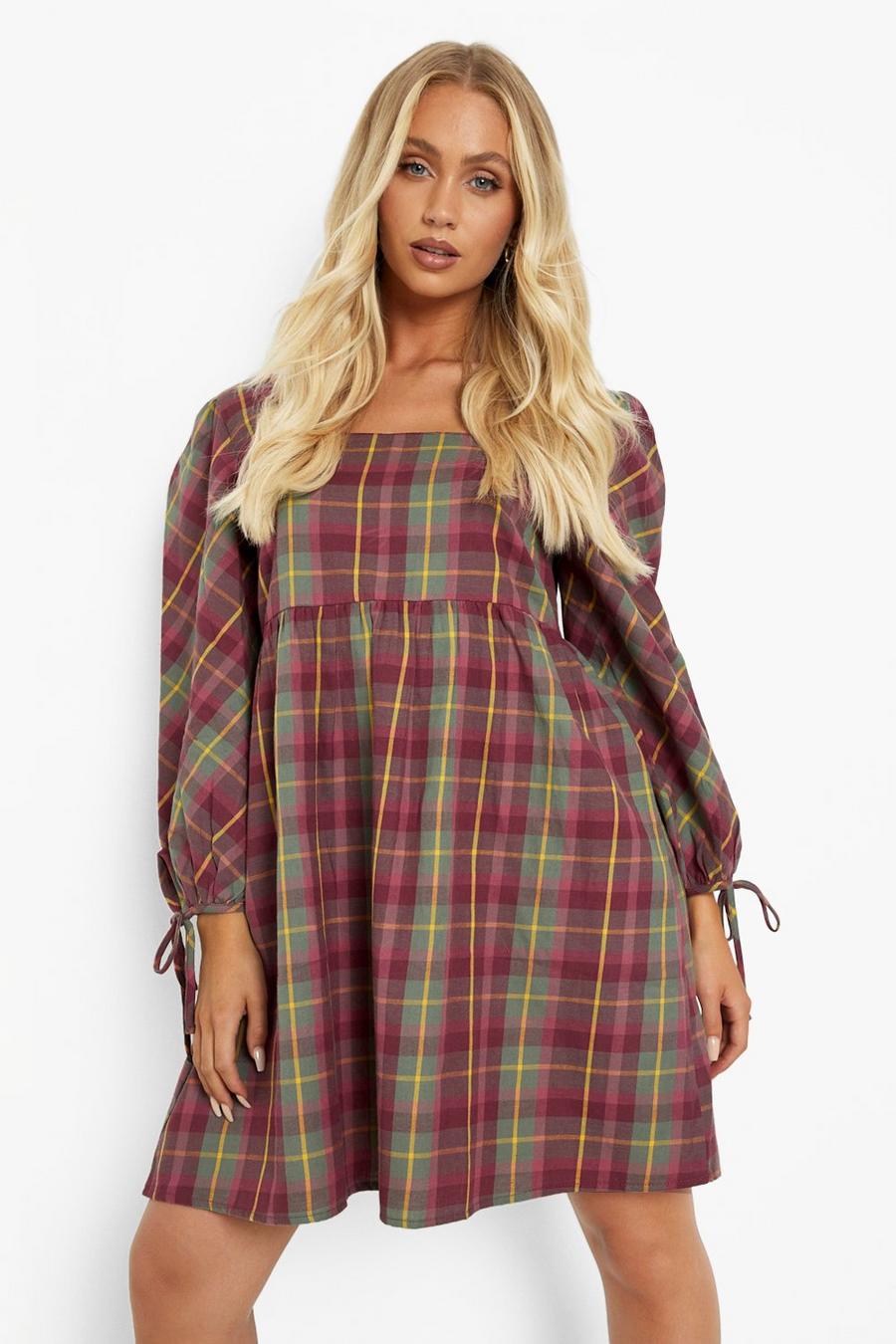 Pink Check Square Neck Puff Sleeve Smock Dress image number 1
