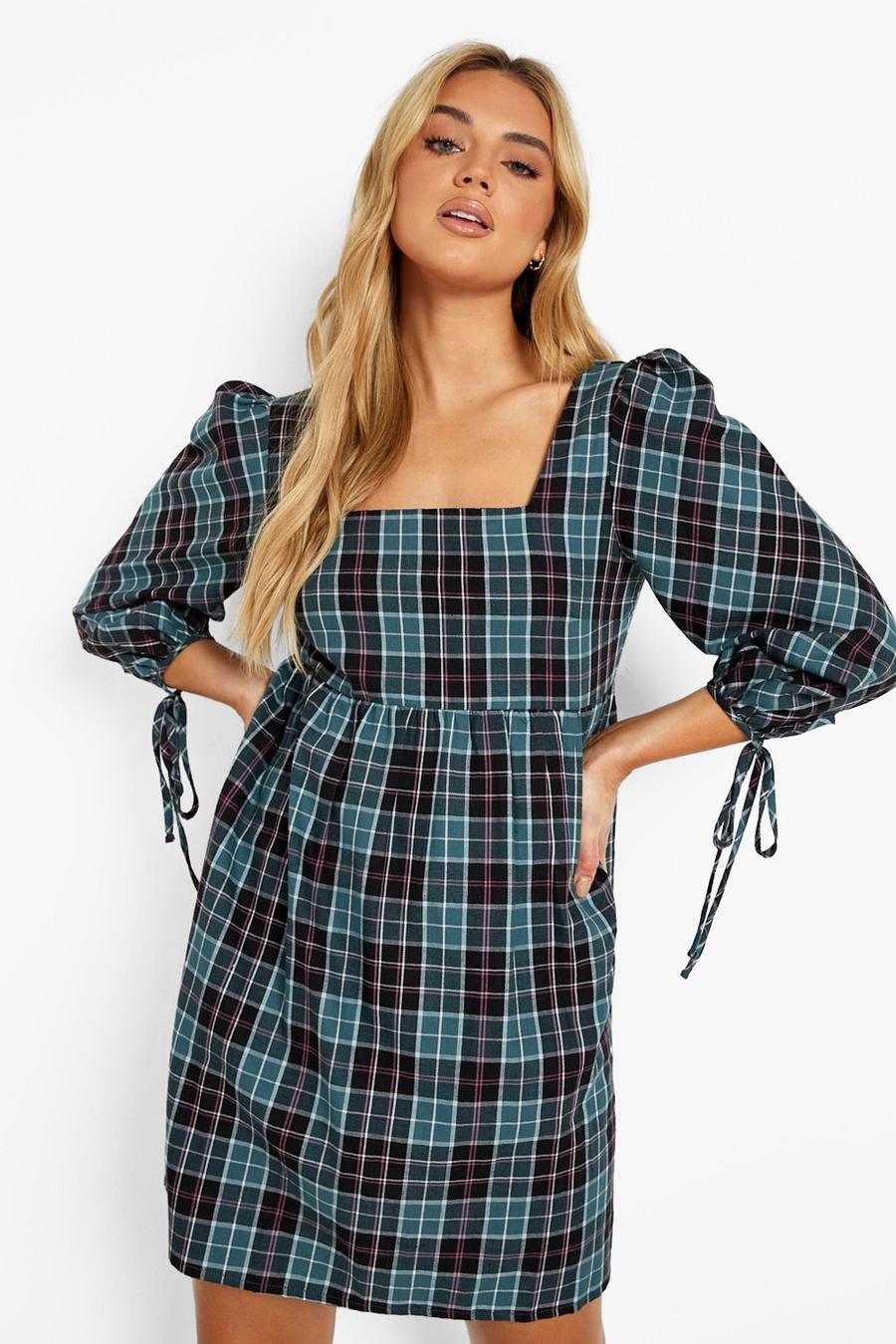 Green Check Square Neck Puff Sleeve Smock Dress image number 1