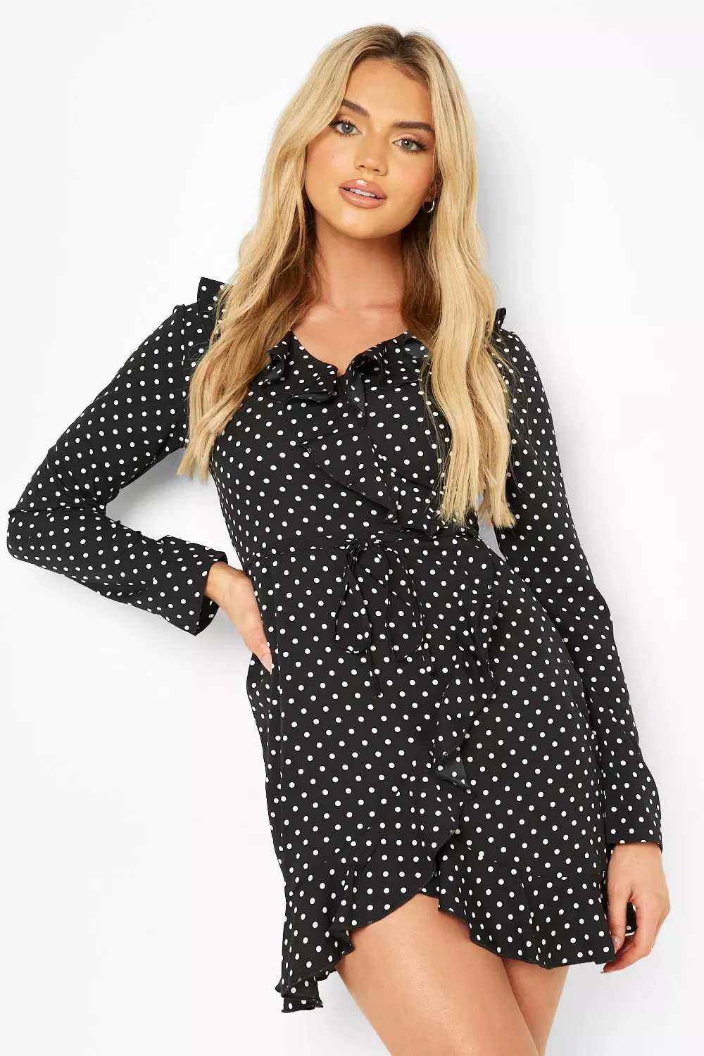 Polka dot wrap 2024 front ruffle tea dress