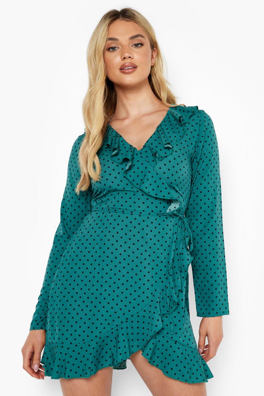 Green grön Polka Dot Wrap Front Ruffle Tea Dress image number 1