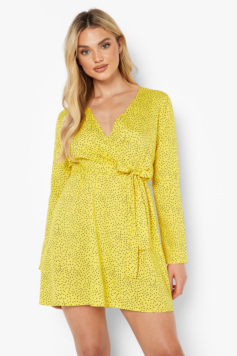 חרדל amarillo שמלת תה מעטפת עם נקודות פולקה וקשירה בחזית