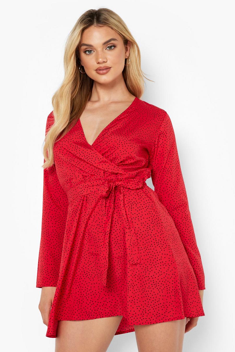 Red Polka Dot Tie Waist Wrap Tea Dress image number 1