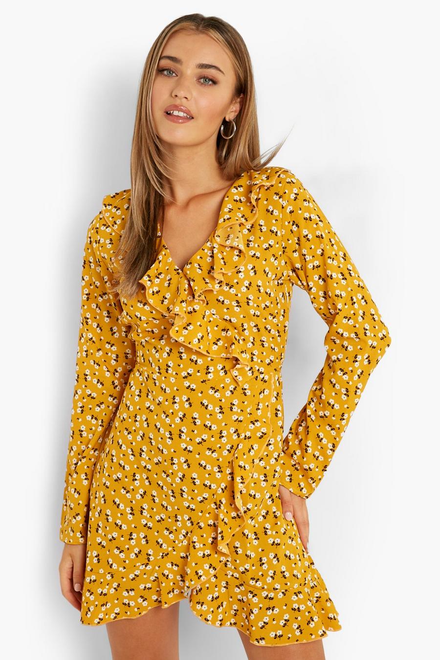 Florales Skater-Kleid mit Rüschen, Mustard image number 1