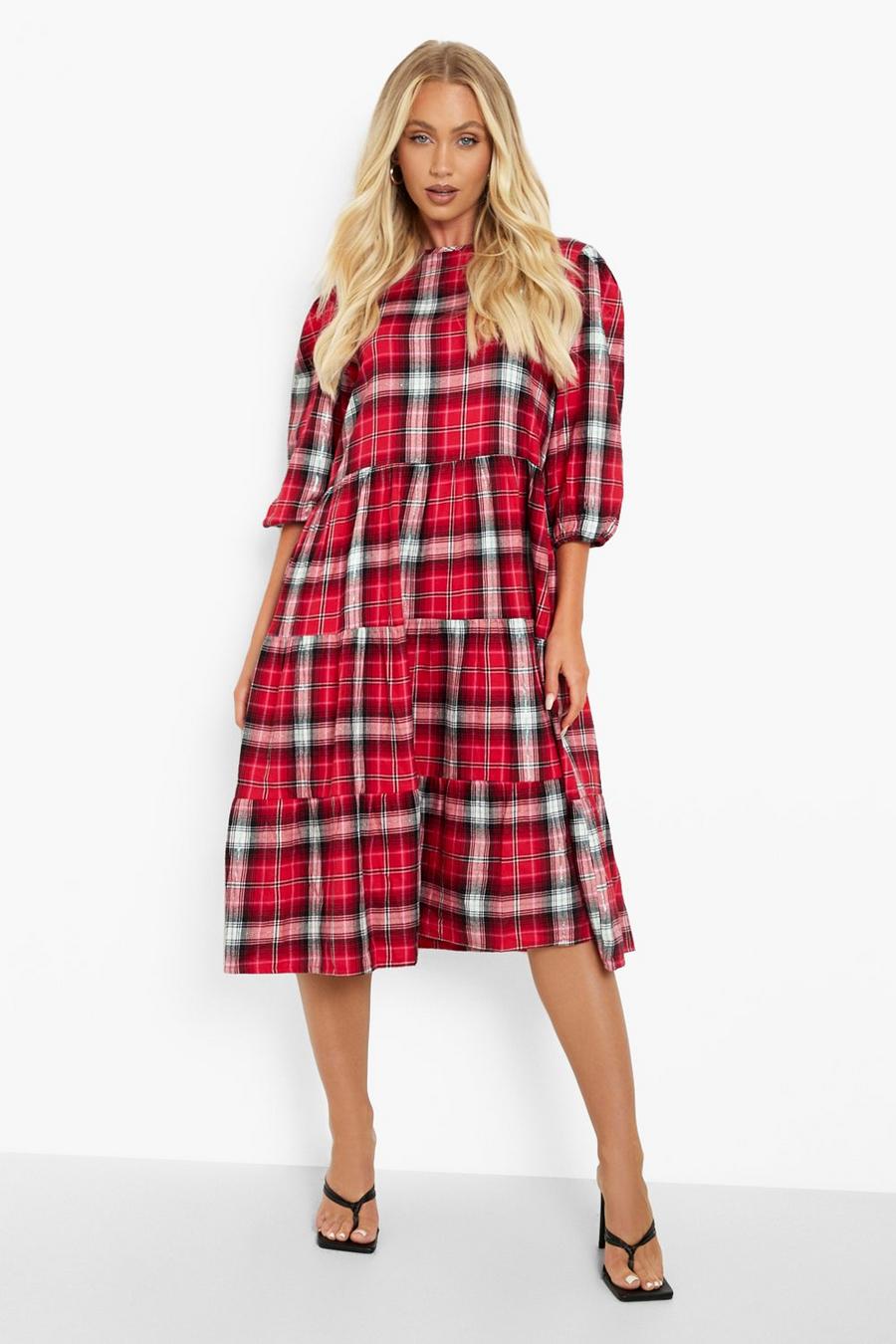 Red Check Puff Sleeve Midi Dress Smock Dress image number 1