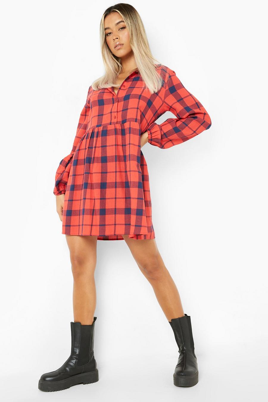 Red Check Puff Sleeve Smock Dress image number 1