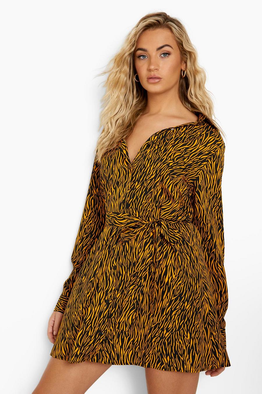 Mustard Zebra Print Belted Shirt Dress image number 1