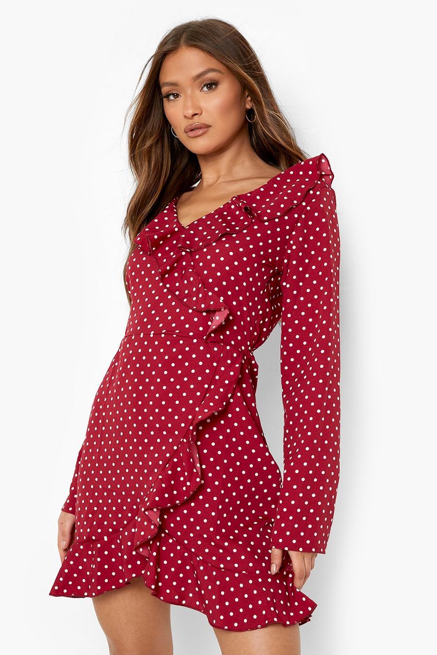 Berry Woven Polka Dot Ruffle Tea Dress image number 1