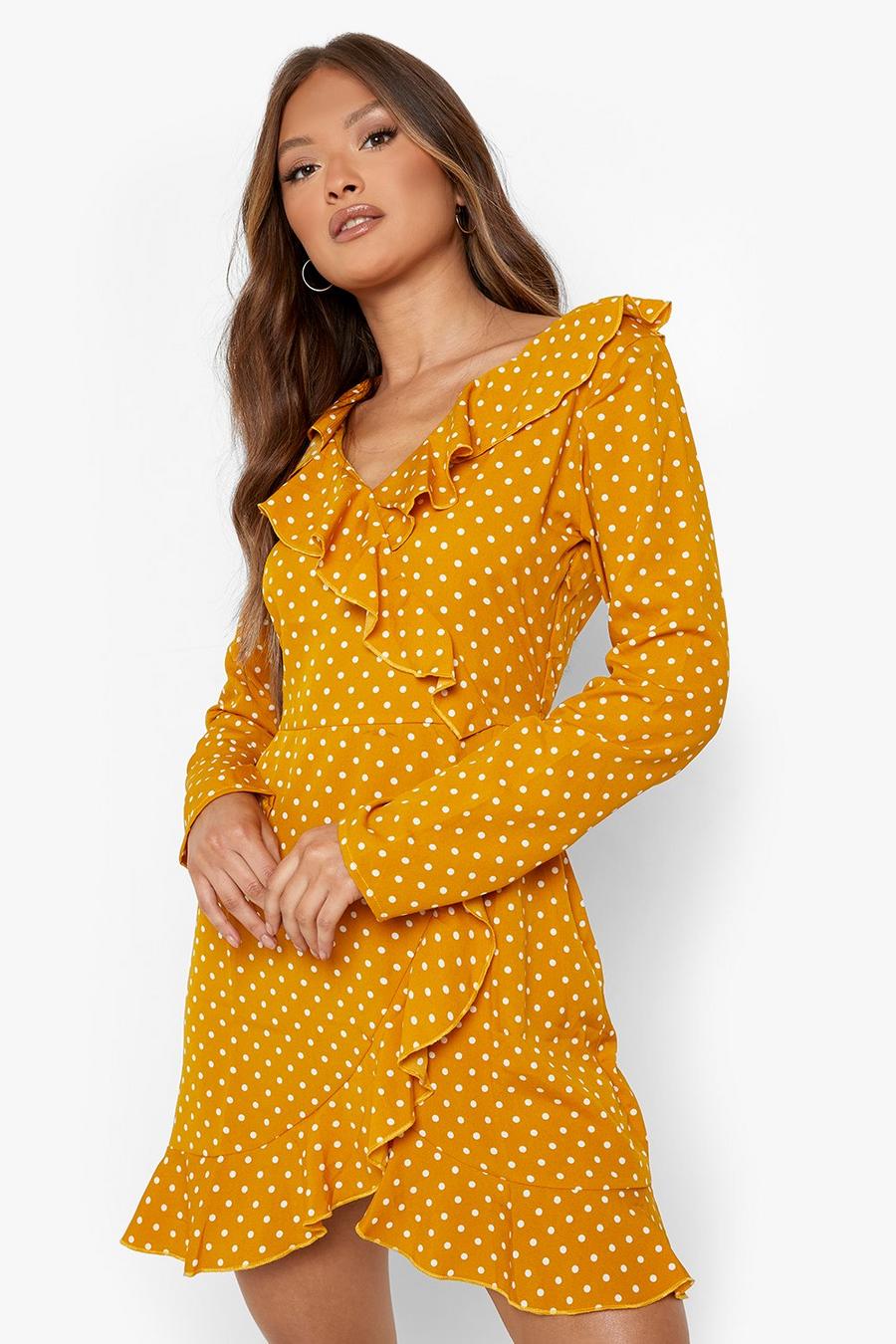Mustard Woven Polka Dot Ruffle Tea Dress image number 1