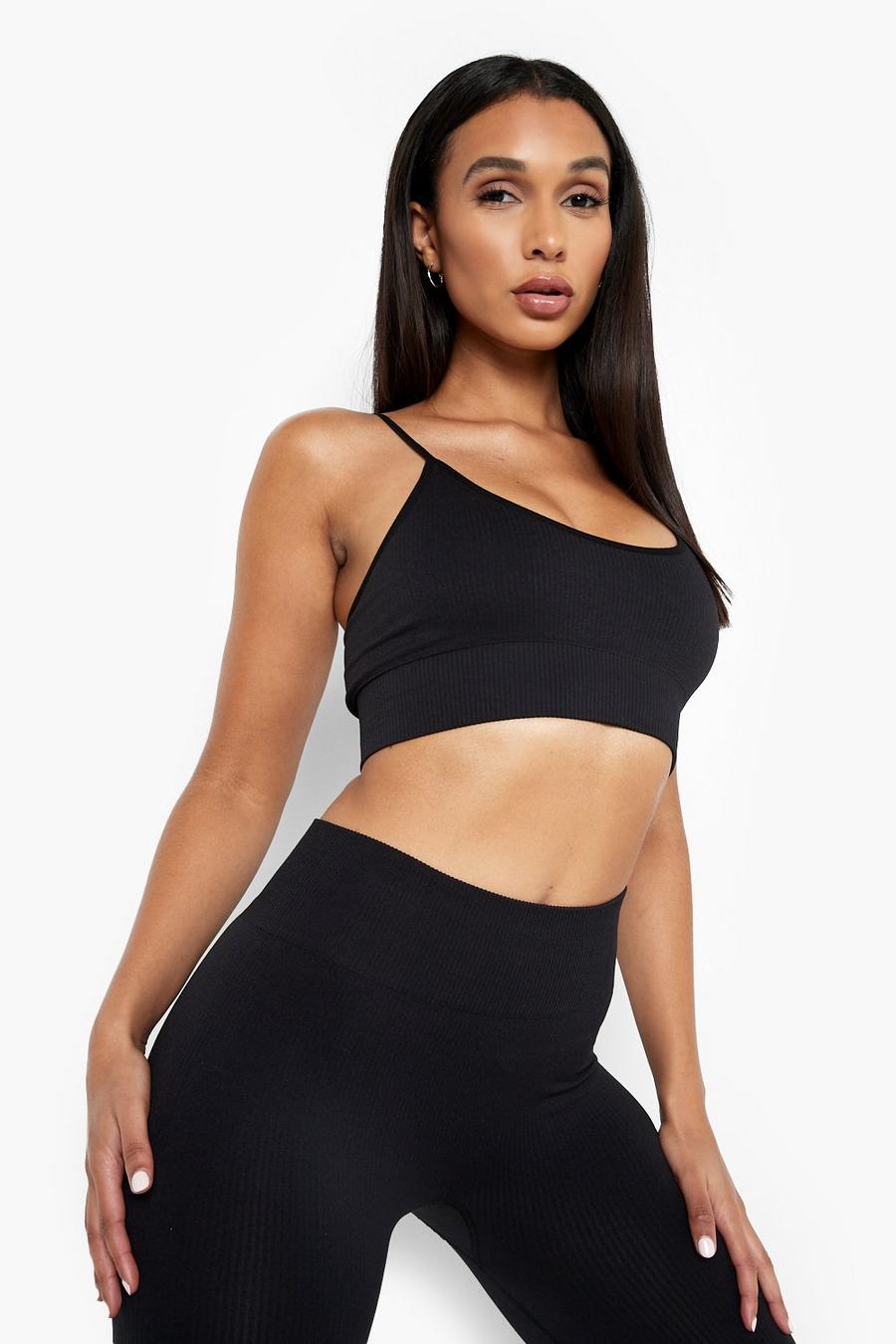 Black Ribbed Seamless Active Sports Bra image number 1