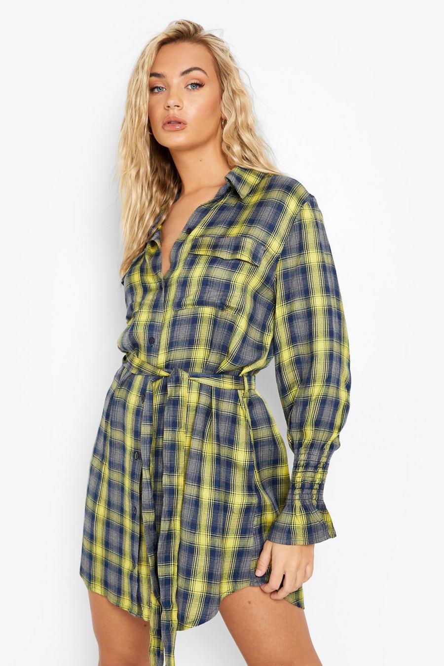Blue Belted Elastic Cuff Check Shirt Dress image number 1