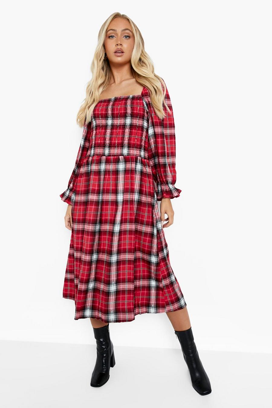 Red Check Puff Sleeve Midi Dress image number 1