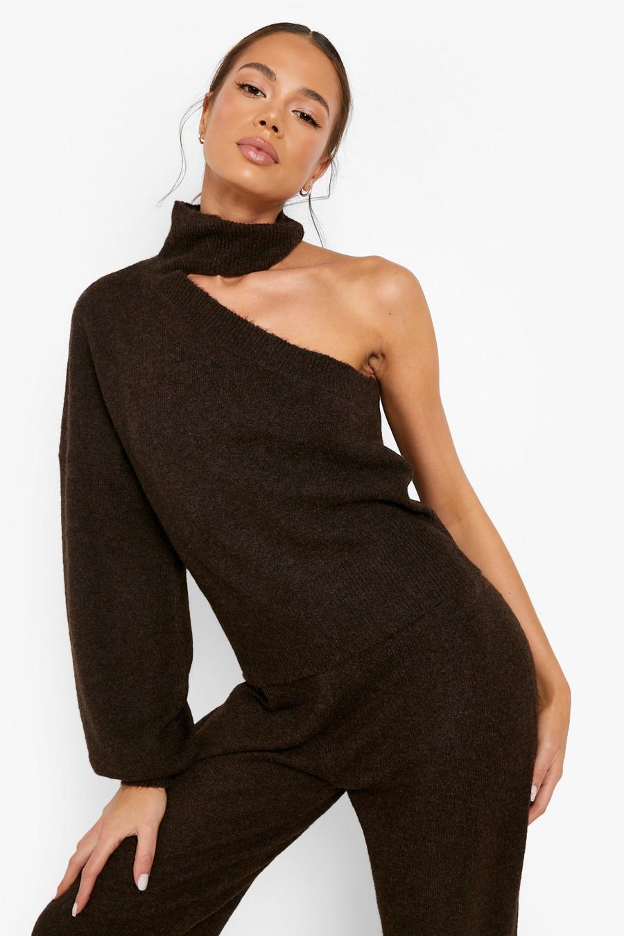 Chocolate Recycled Premium Super Soft Knit One Shoulder Sweater image number 1