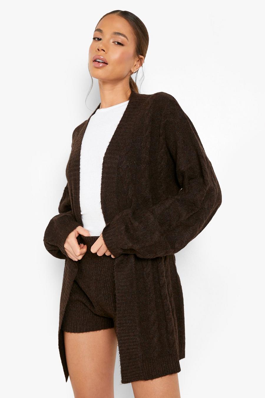 Chocolate Premium Super Soft Knit Cable Knit Belted Cardigan image number 1