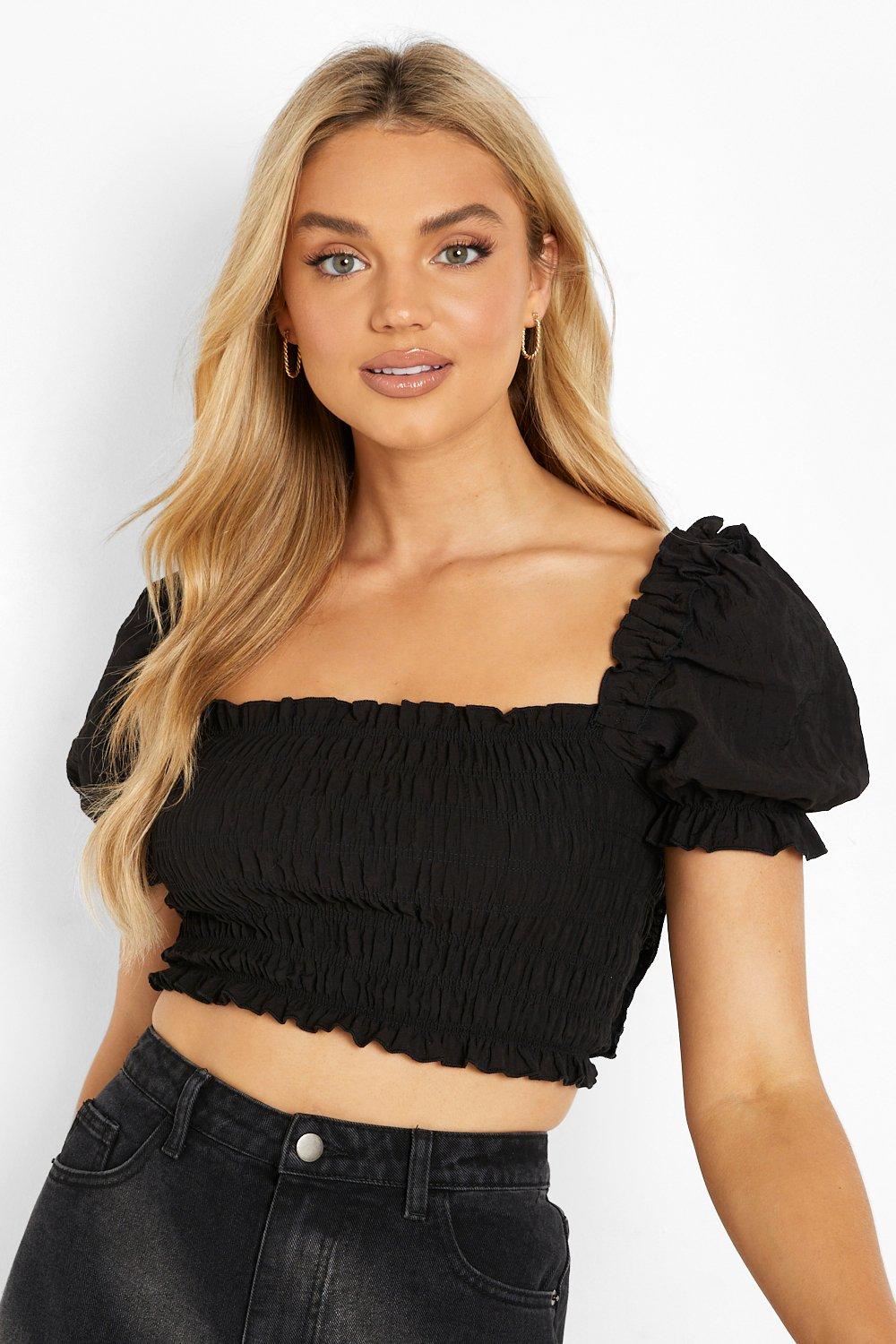 Black ruffle sleeve crop top sales