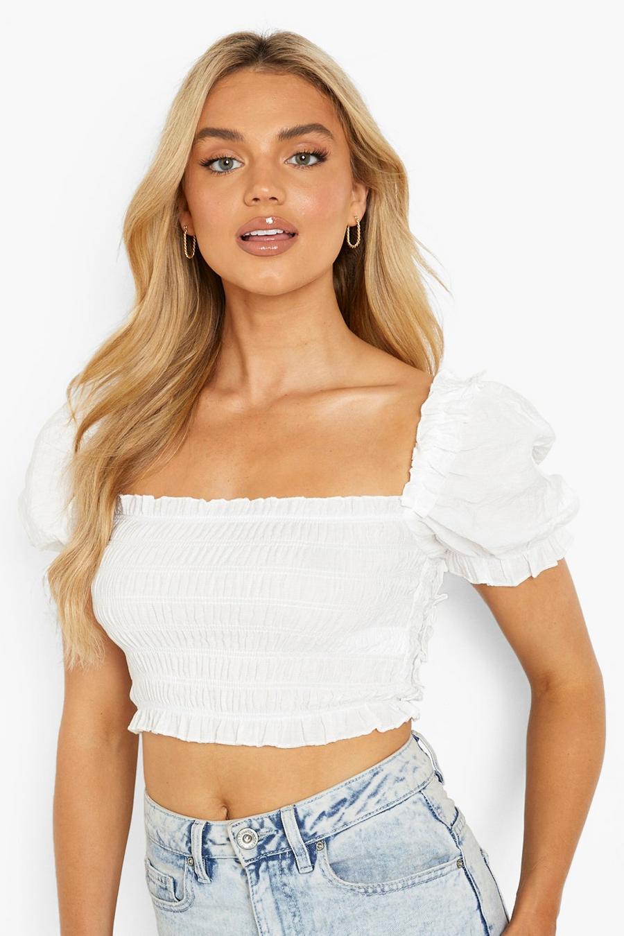 White Shirred Ruffle Crop Top image number 1