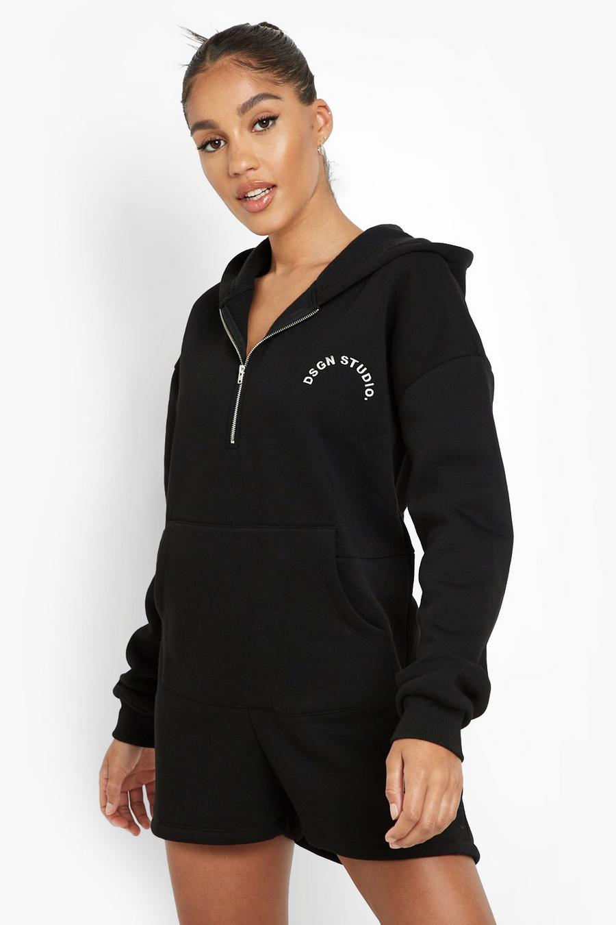 Black Embroidered Oversized Hooded Sweat Playsuit image number 1