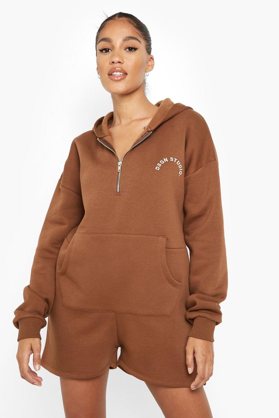 Chocolate Embroidered Oversized Hooded Sweat Playsuit image number 1