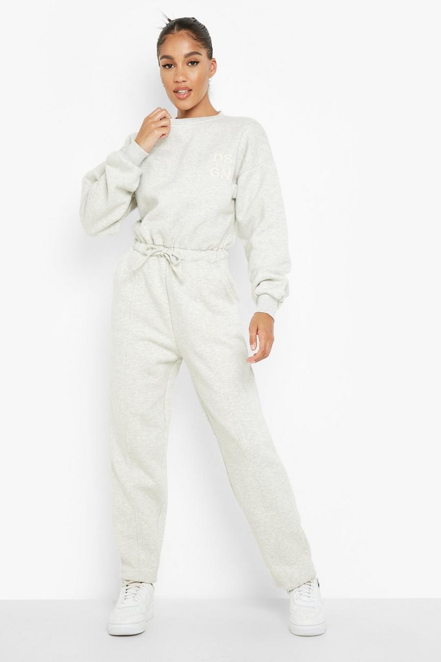 Ash grey Seam Detail Embroidered Sweat Jumpsuit image number 1