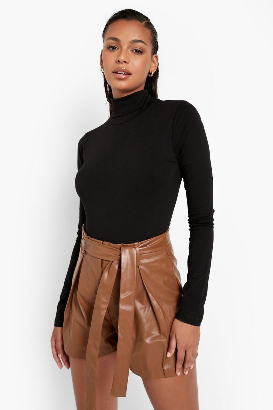 Tan Belted Pleat Detail Pu Shorts image number 1