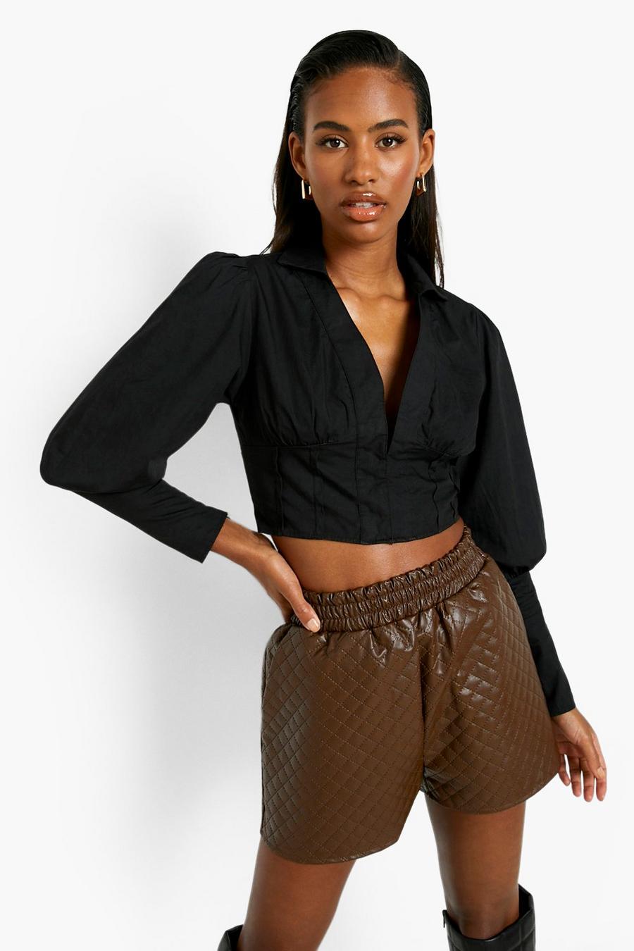 Chocolate Quilted Pu Runner Shorts image number 1