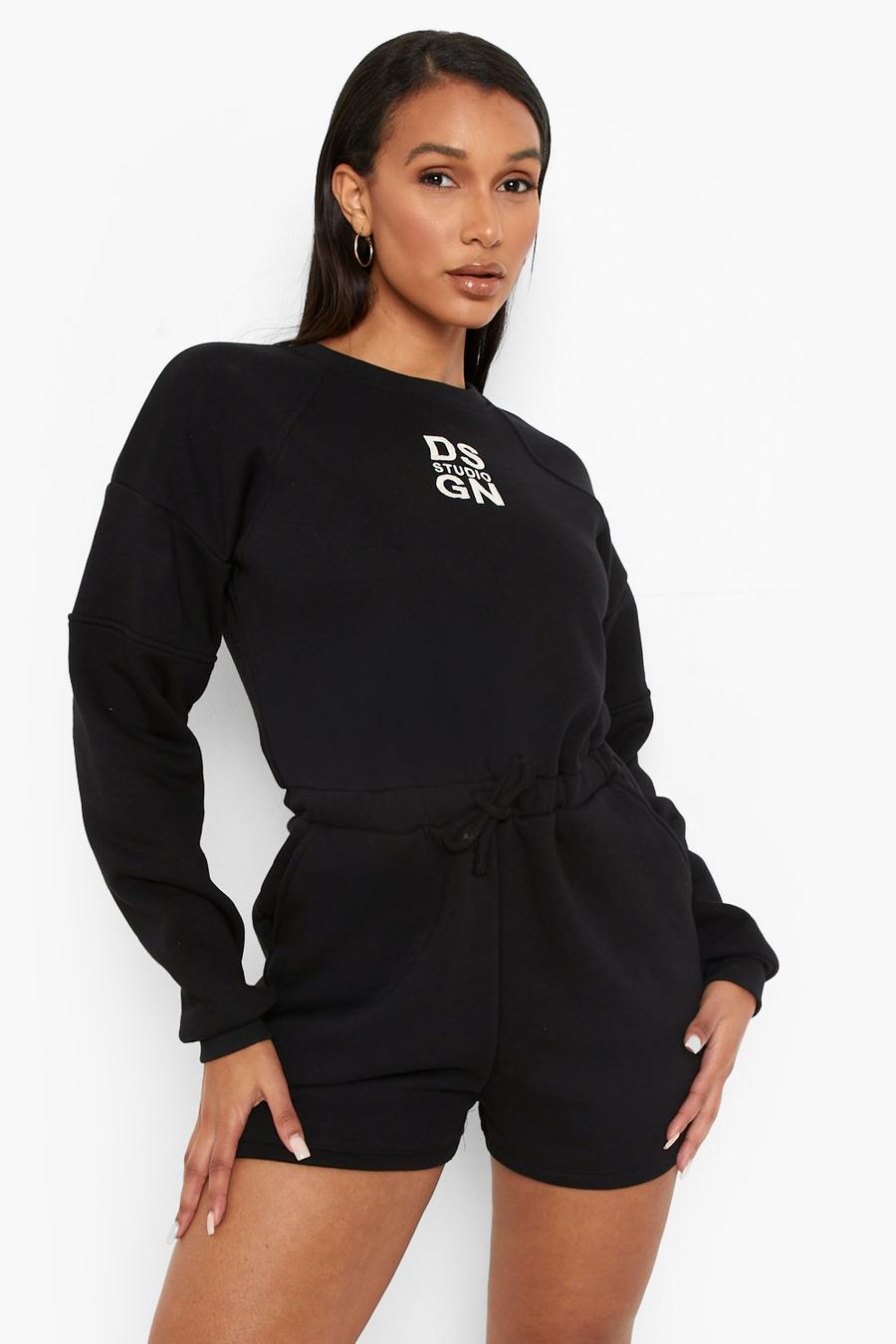 Black Oversized Embroidered Sweat Playsuit image number 1