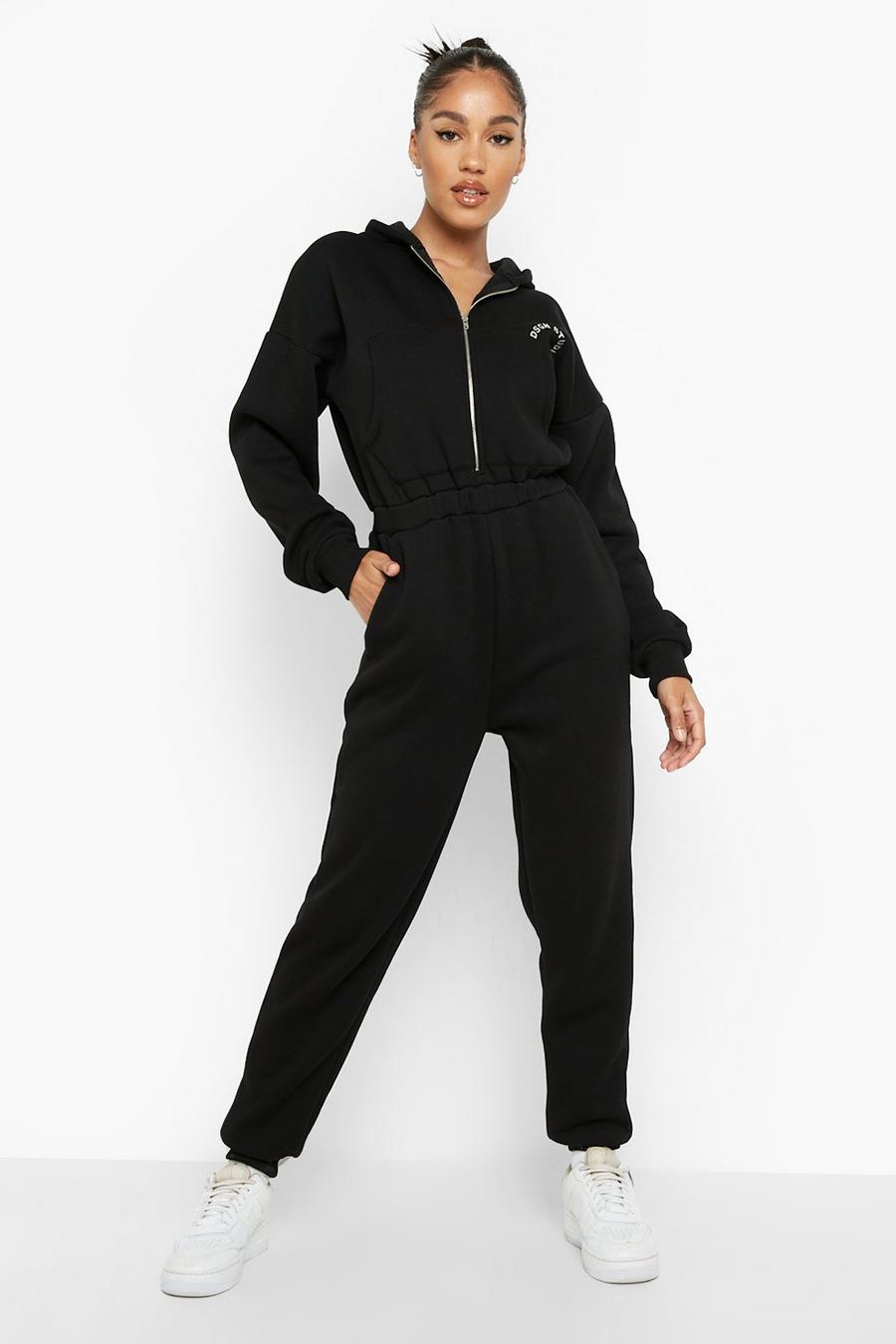 Black Embroidered Oversized Hooded Sweat Jumpsuit image number 1