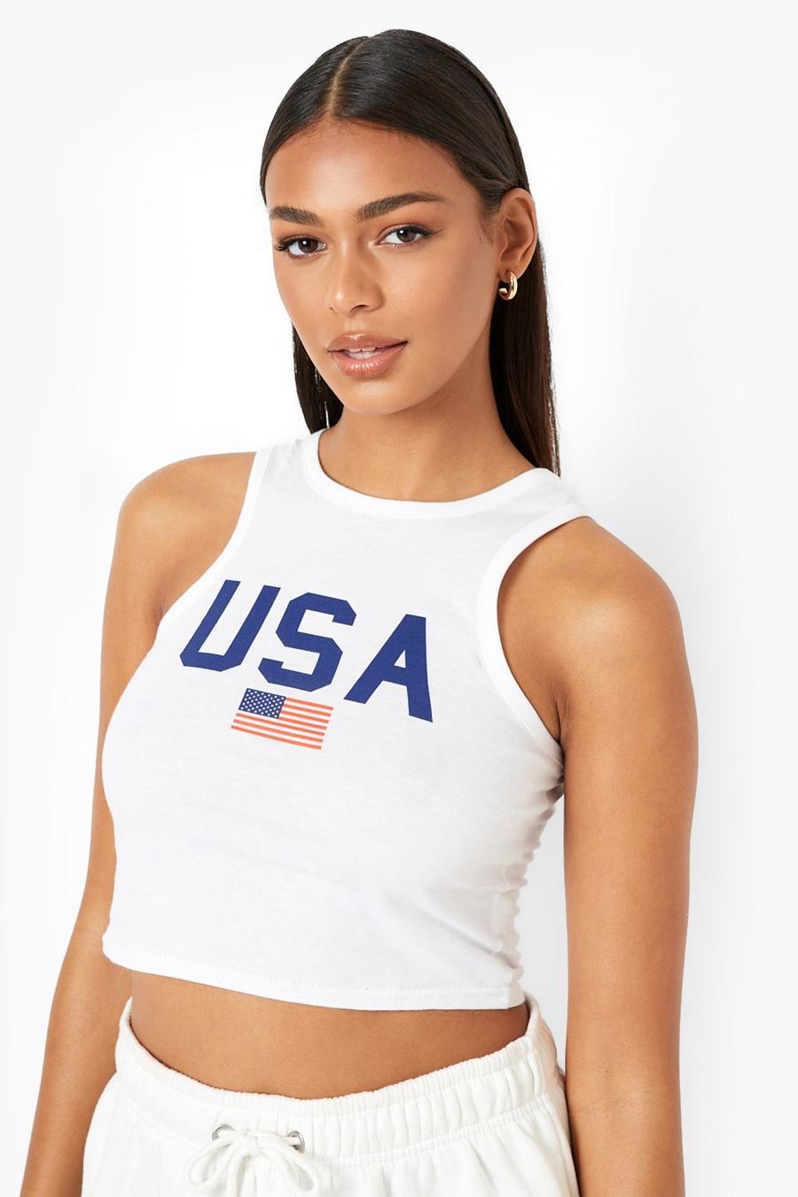 White Usa Printed Racer Crop Top image number 1