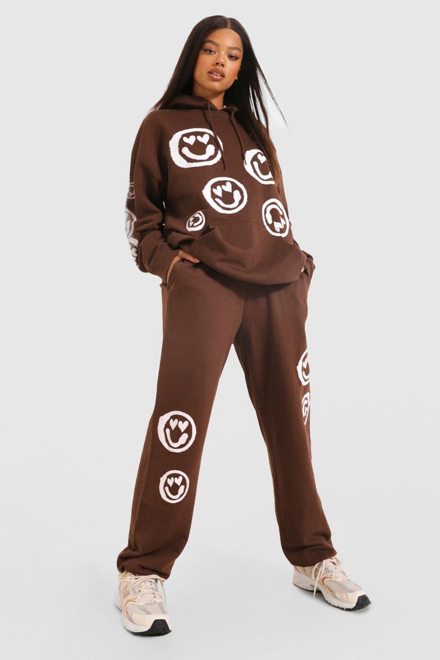 Pantalón deportivo oversize con caras y corazones, Chocolate marrone image number 1